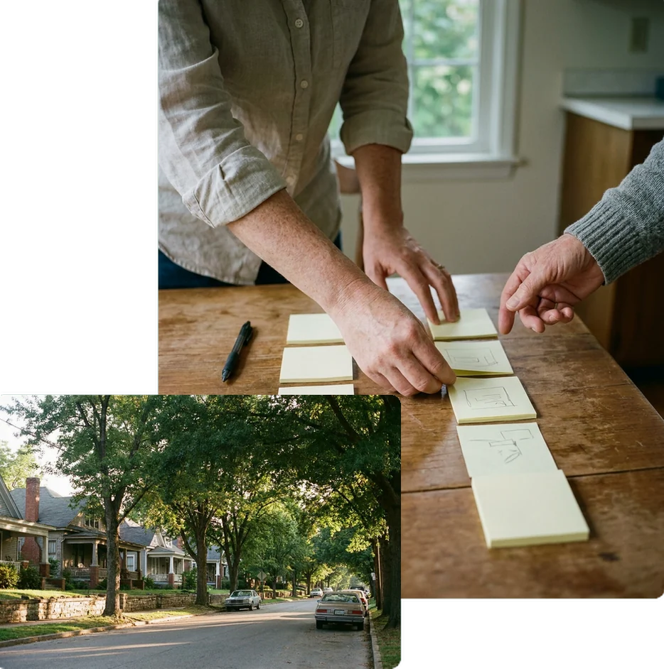 Two people arrange sticky notes into columns on a table