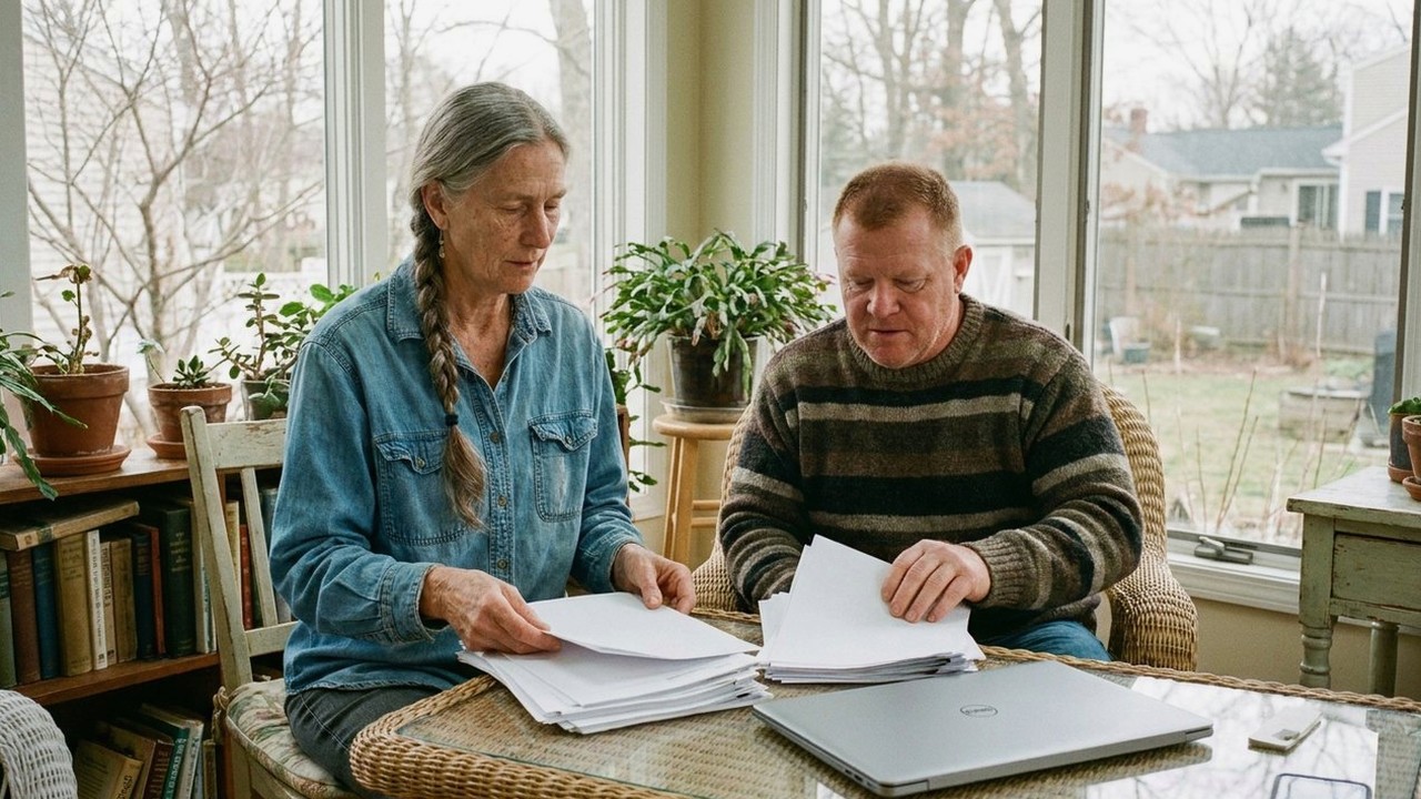 Two friends sorting account statements at a sunroom table