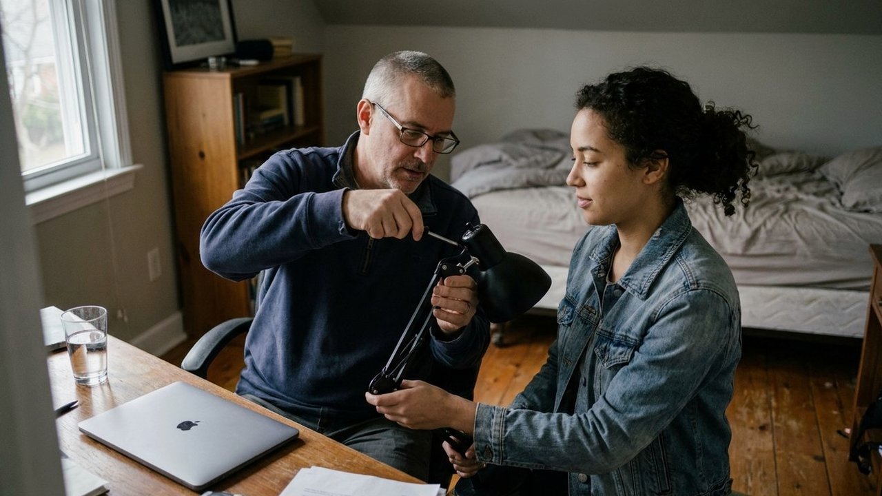 Father and adult daughter fixing a desk lamp at bedroom desk