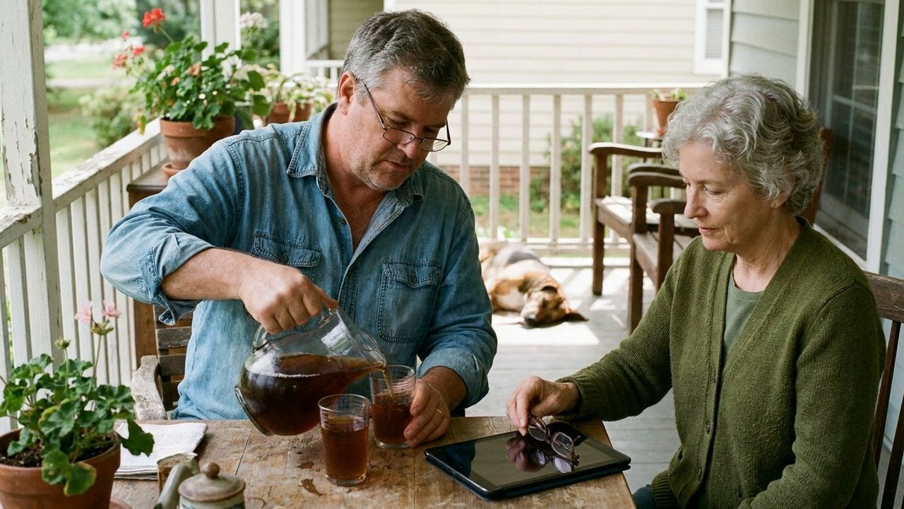 Couple at porch table with tablet, reading glasses and iced tea