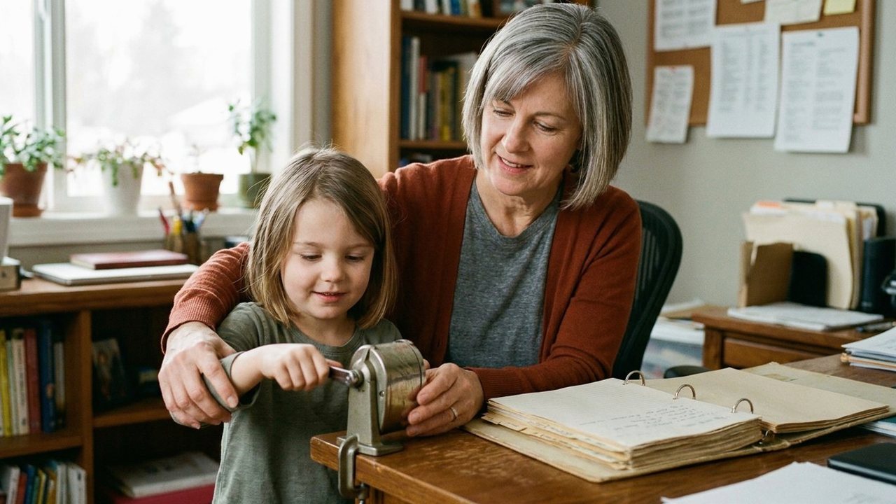 Woman and granddaughter sharpening a pencil beside an open retirement binder