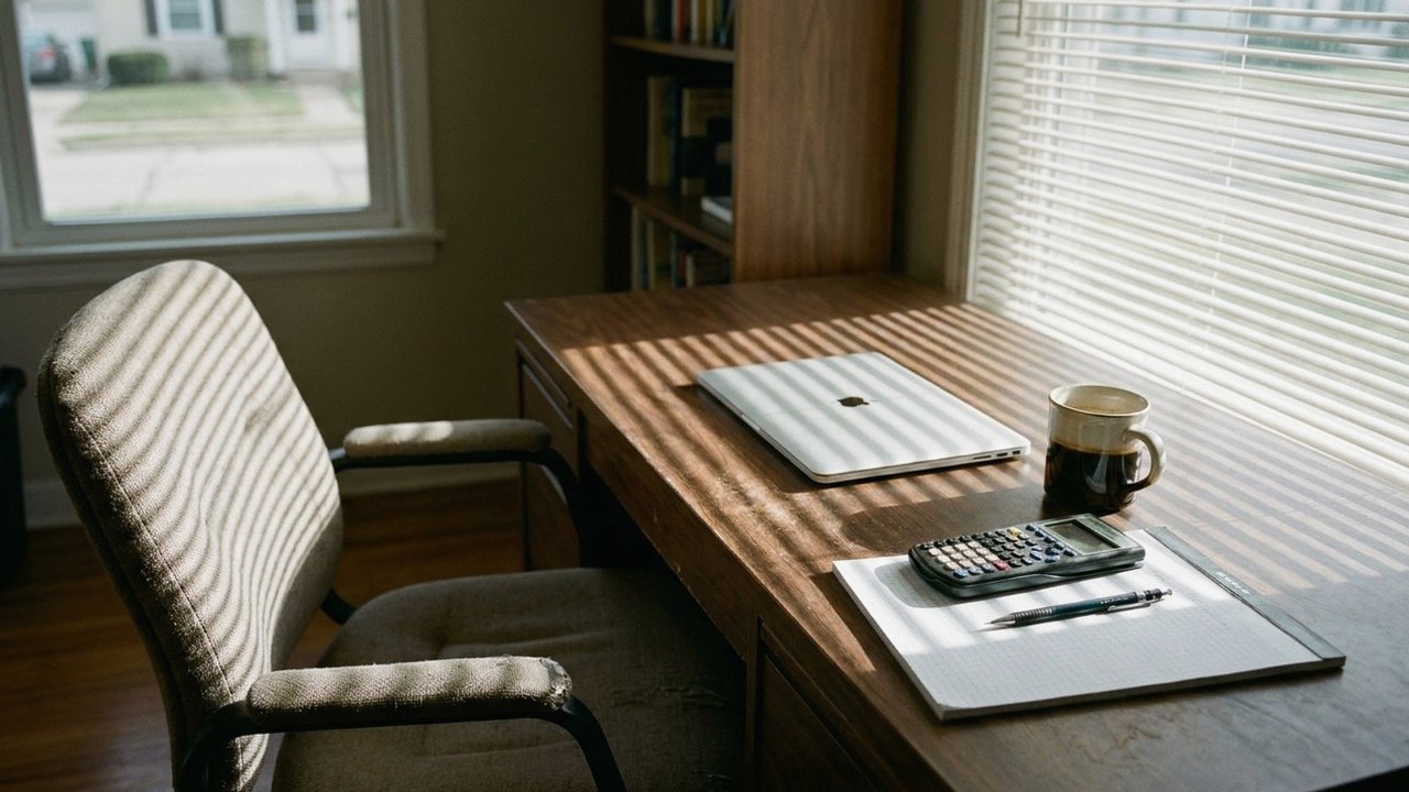 Home office desk with closed laptop, coffee mug and calculator
