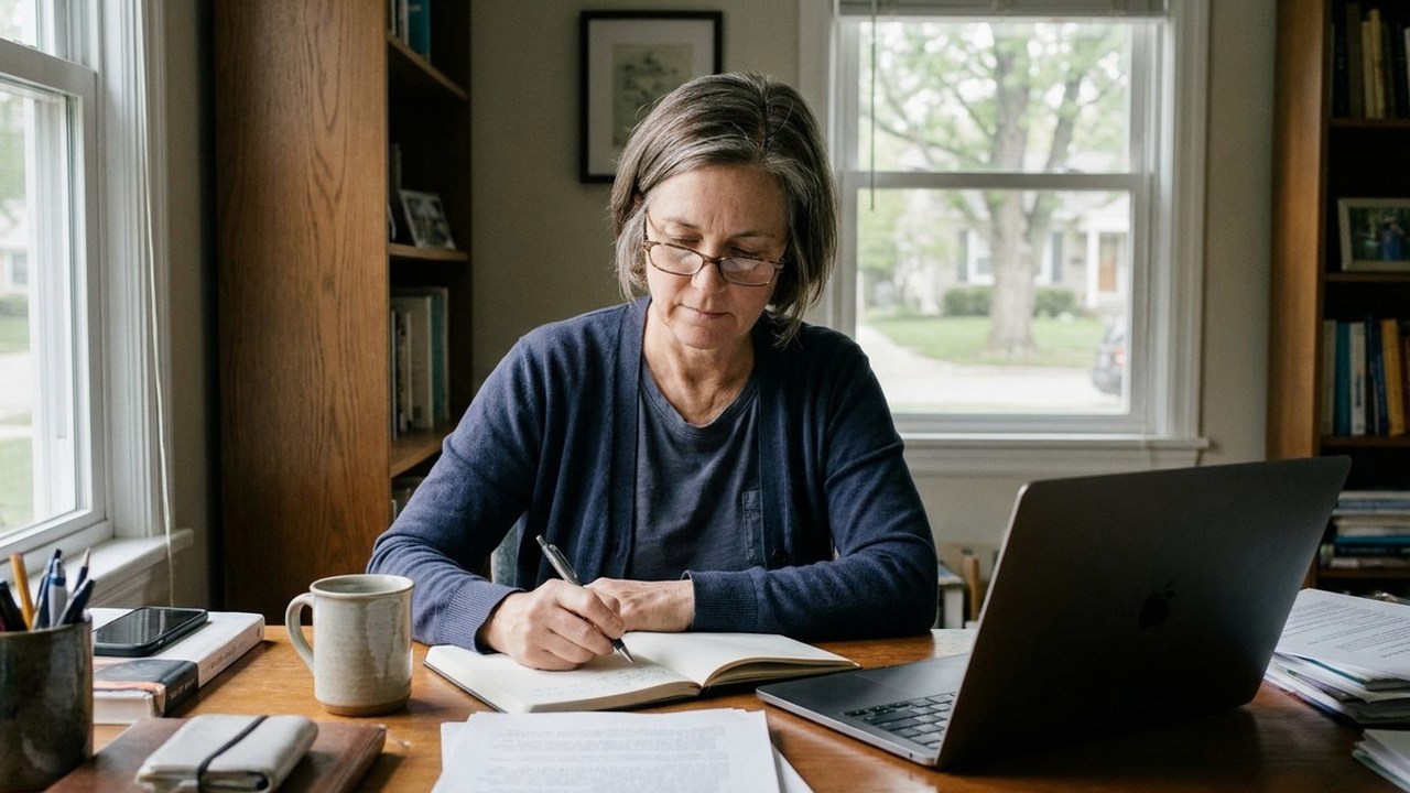 Woman in her fifties writing in a notepad at a study desk