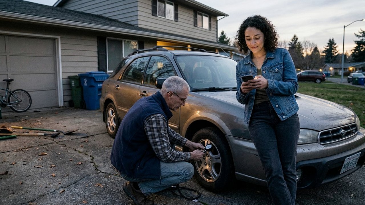 Man checking tire pressure as younger colleague reads phone in driveway
