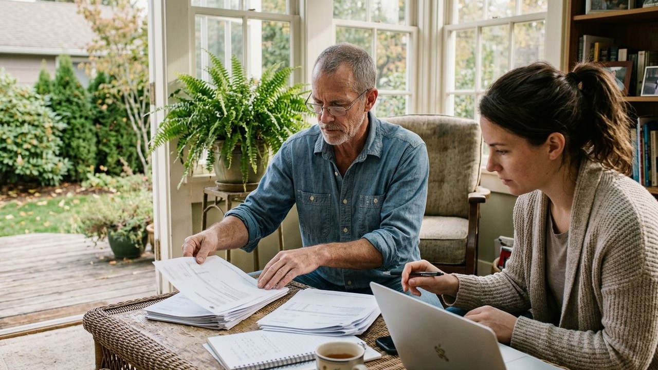 Engineer with reading glasses and younger colleague sorting statements in sunroom