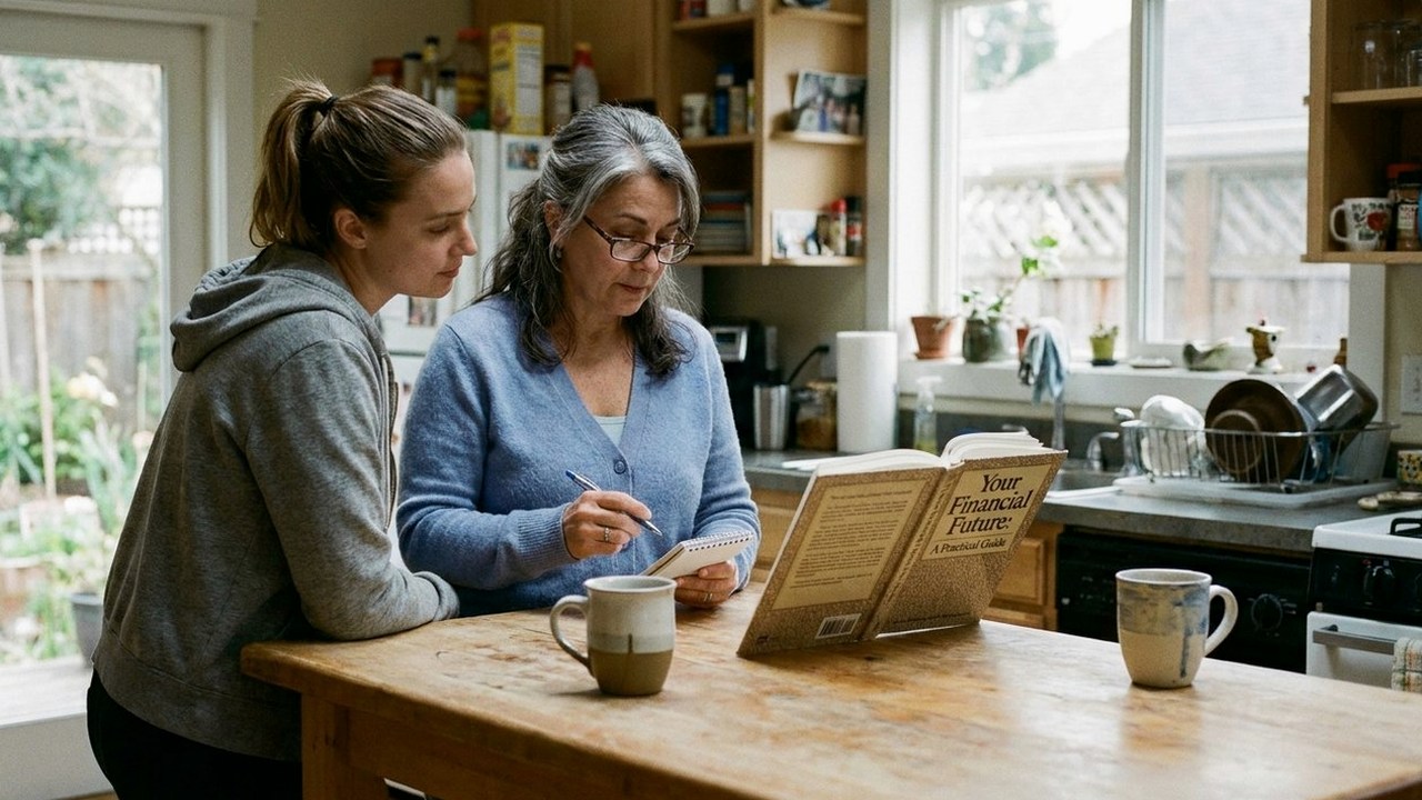 Engineer and adult daughter reviewing notes at kitchen island
