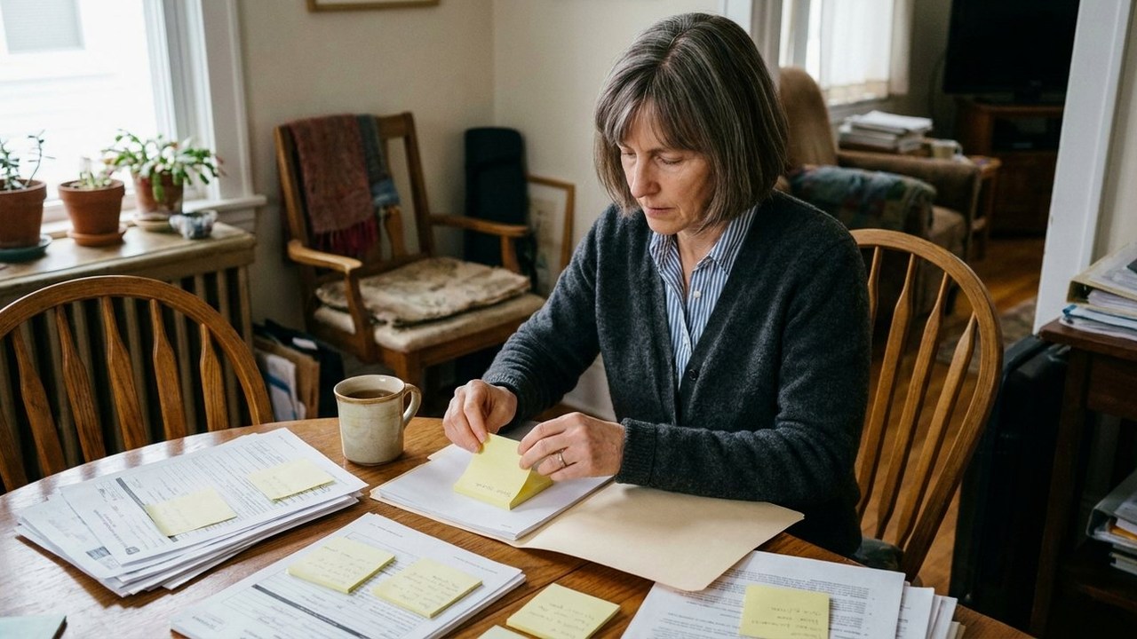Woman in cardigan placing sticky notes on tax forms at dining table
