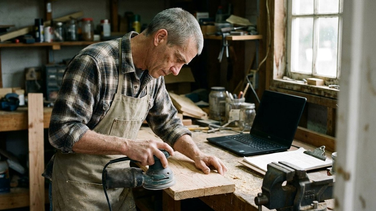 Man in his fifties sanding a shelf at a garage workbench