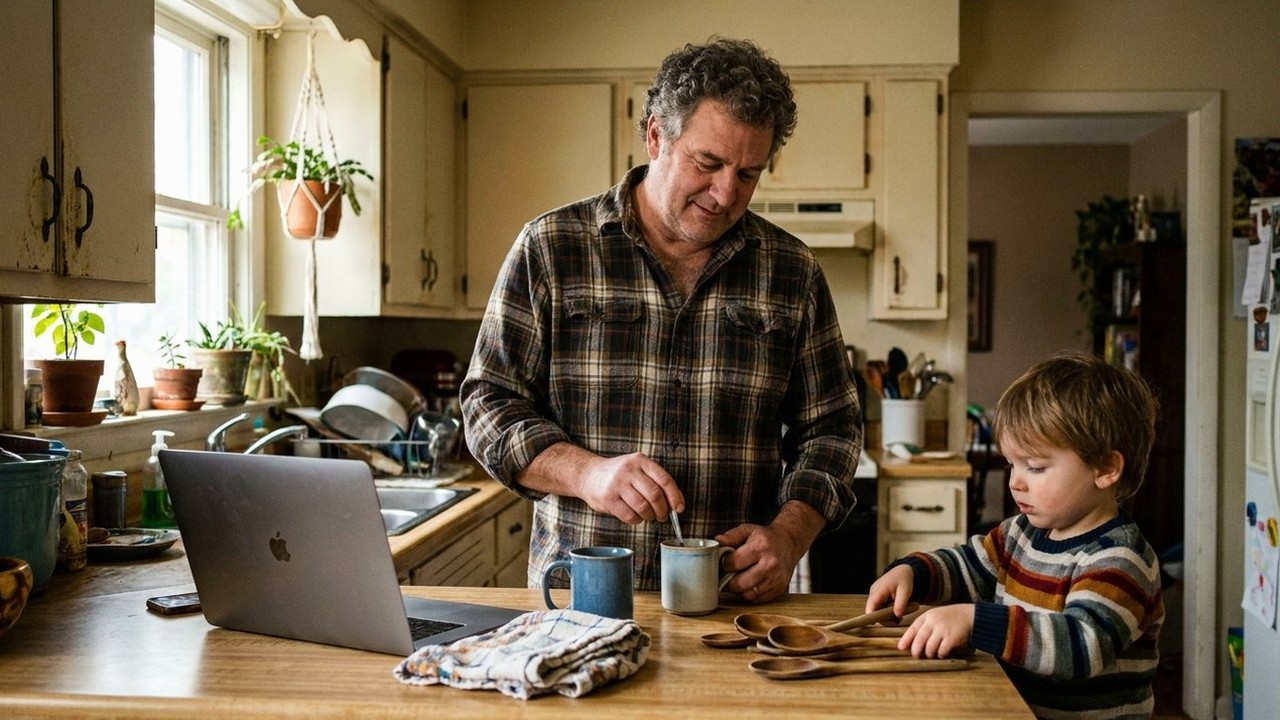 Engineer making tea with grandchild at kitchen counter