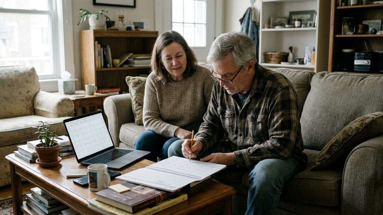 Couple reviewing a calendar beside laptop in living room