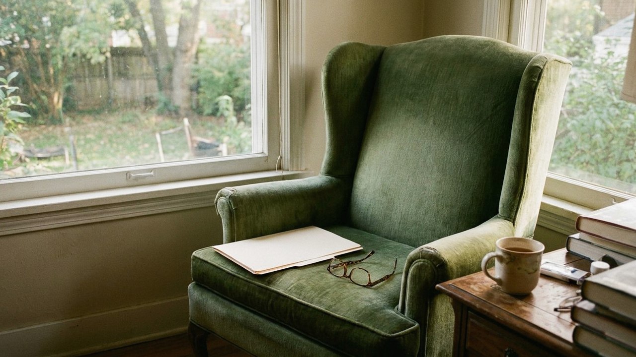 Empty reading chair with a folder and glasses on the armrest
